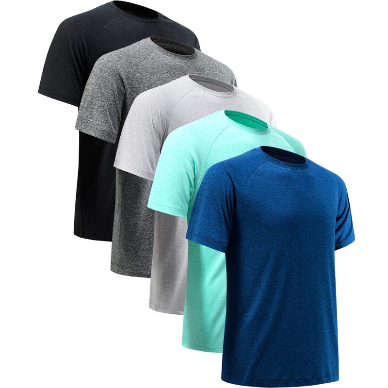 MCPORO Workout Shirts for Men Short Sleeve Quick Dry Athletic Gym Active T Shirt Moisture Wicking 5 Pack Black, Dark Grey, Light Grey, Dark Blue, Aqua 3X-Large - Image 1